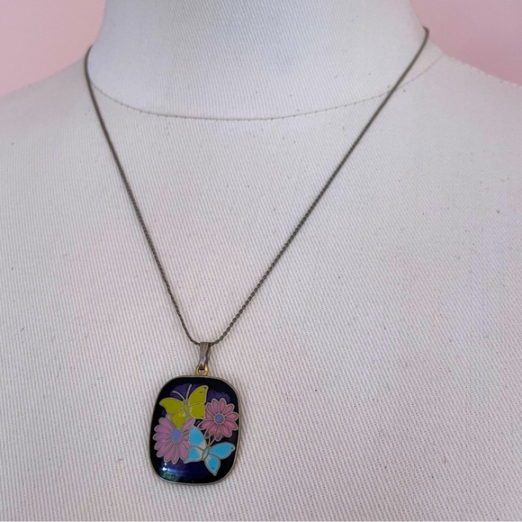 Vintage Jewelry - Vintage CLOISONNÉ Butterfly Spring Floral Pastel Fairy Cottage Core Necklace